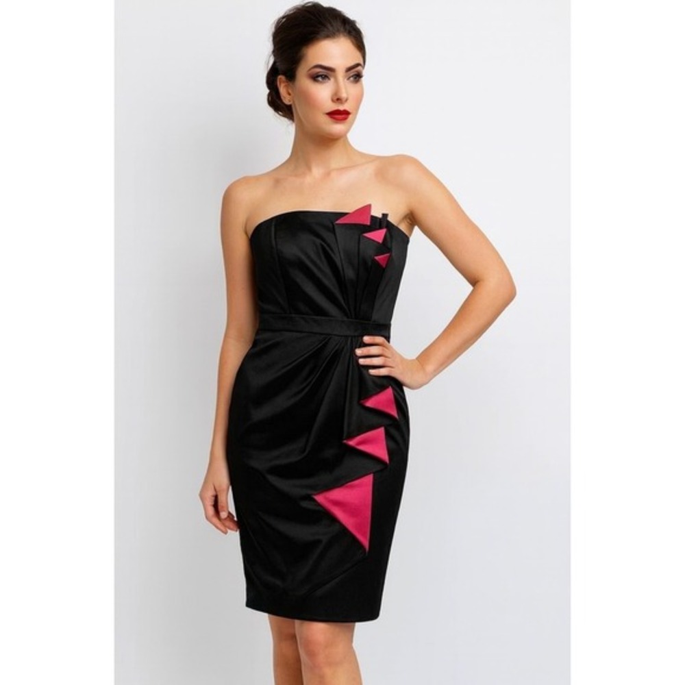 WHBM Black Satin Strapless Cocktail Dress with Pink‎ Pleated Size 14 NWT $168